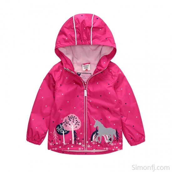 Show details of Baby Jacket Spring and Autumn Girls Jacket Kids Print Hooded Fleece Waterproof Jacket Outerwear Children Pink Rain Coat